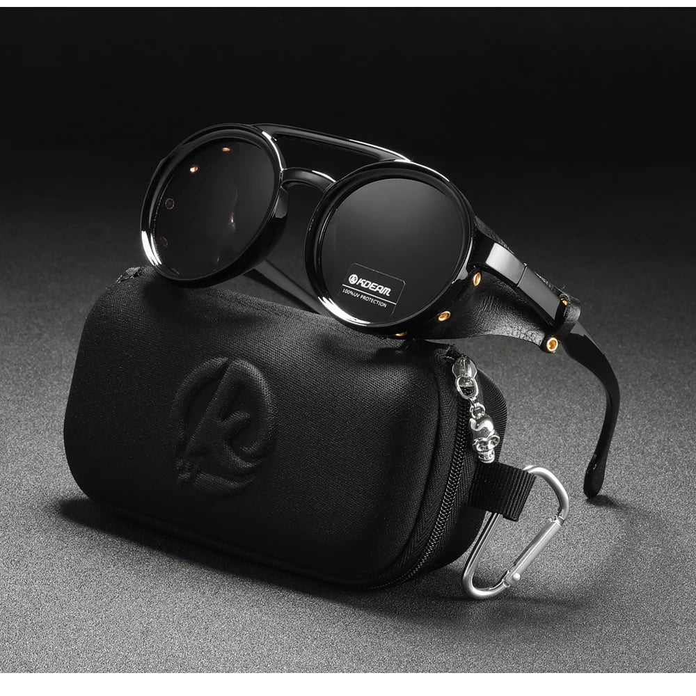 KDEAM Óculos de sol redondos vintage masculino feminino escudo de couro óculos de sol ponte dupla projetado sombra KD179
