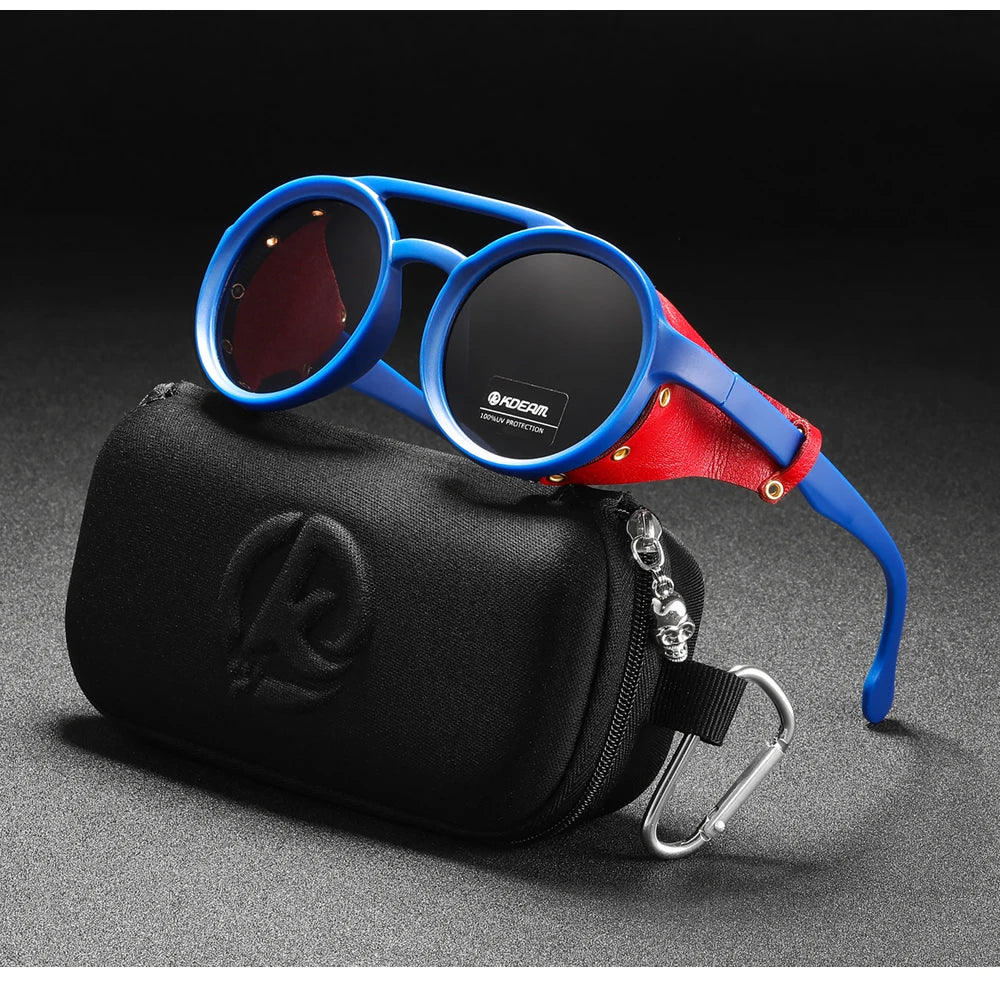 KDEAM Óculos de sol redondos vintage masculino feminino escudo de couro óculos de sol ponte dupla projetado sombra KD179