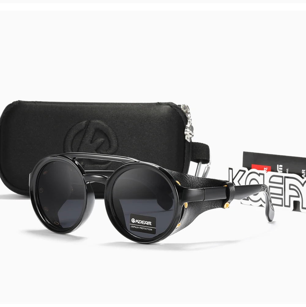 KDEAM Óculos de sol redondos vintage masculino feminino escudo de couro óculos de sol ponte dupla projetado sombra KD179