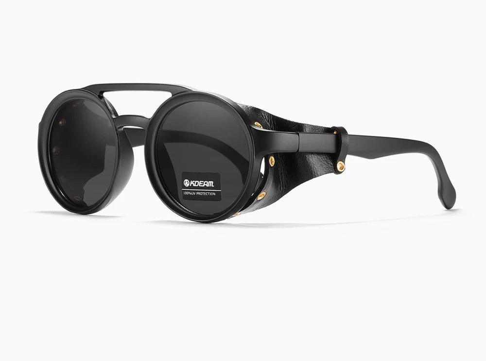 KDEAM Óculos de sol redondos vintage masculino feminino escudo de couro óculos de sol ponte dupla projetado sombra KD179