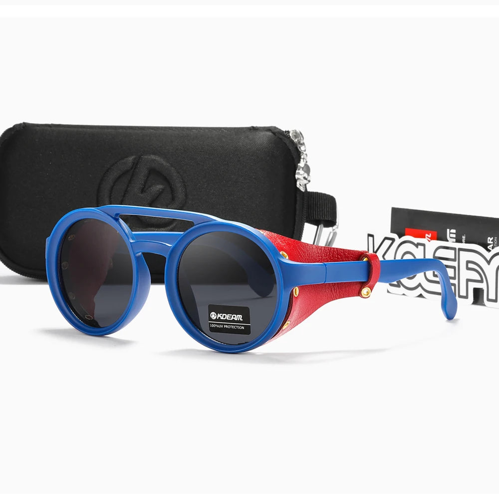 KDEAM Óculos de sol redondos vintage masculino feminino escudo de couro óculos de sol ponte dupla projetado sombra KD179