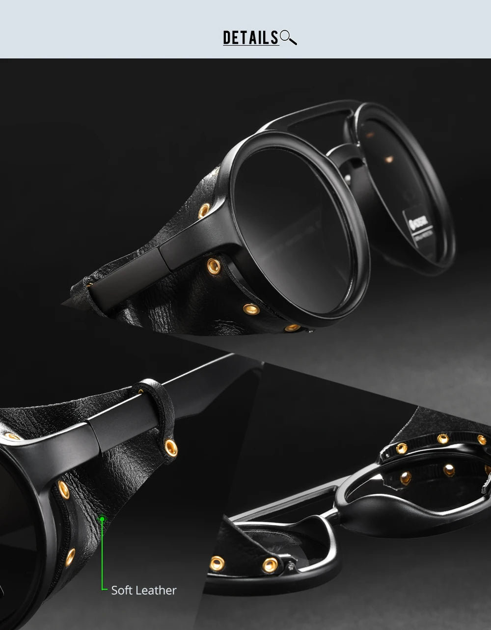 KDEAM Óculos de sol redondos vintage masculino feminino escudo de couro óculos de sol ponte dupla projetado sombra KD179