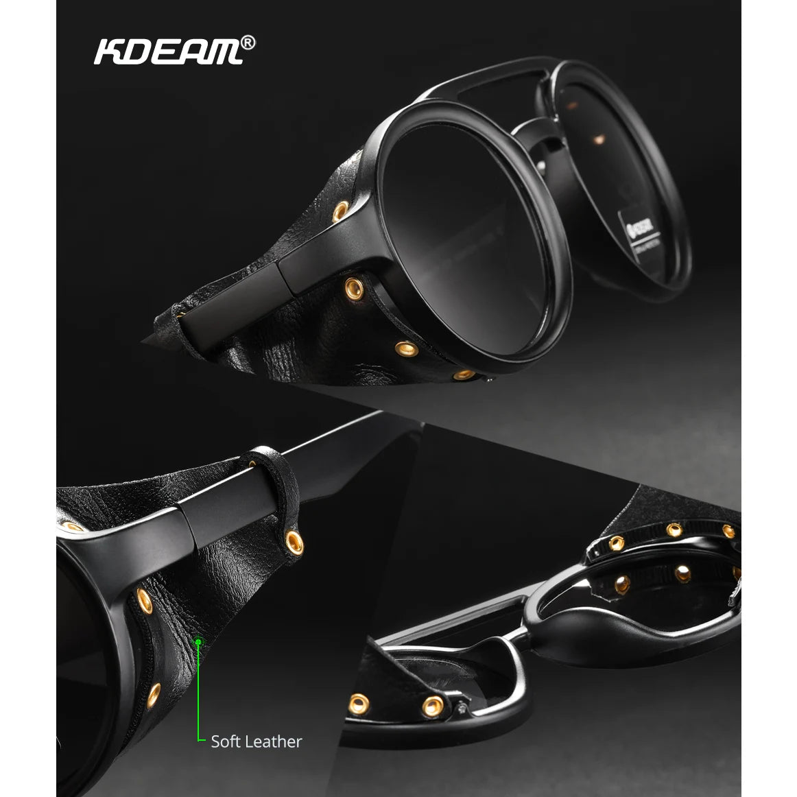 KDEAM Óculos de sol redondos vintage masculino feminino escudo de couro óculos de sol ponte dupla projetado sombra KD179