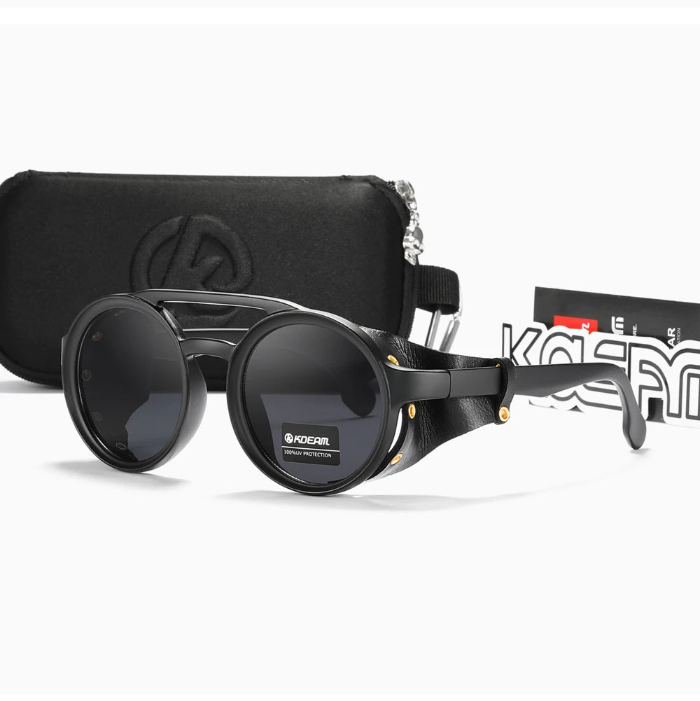 KDEAM Óculos de sol redondos vintage masculino feminino escudo de couro óculos de sol ponte dupla projetado sombra KD179