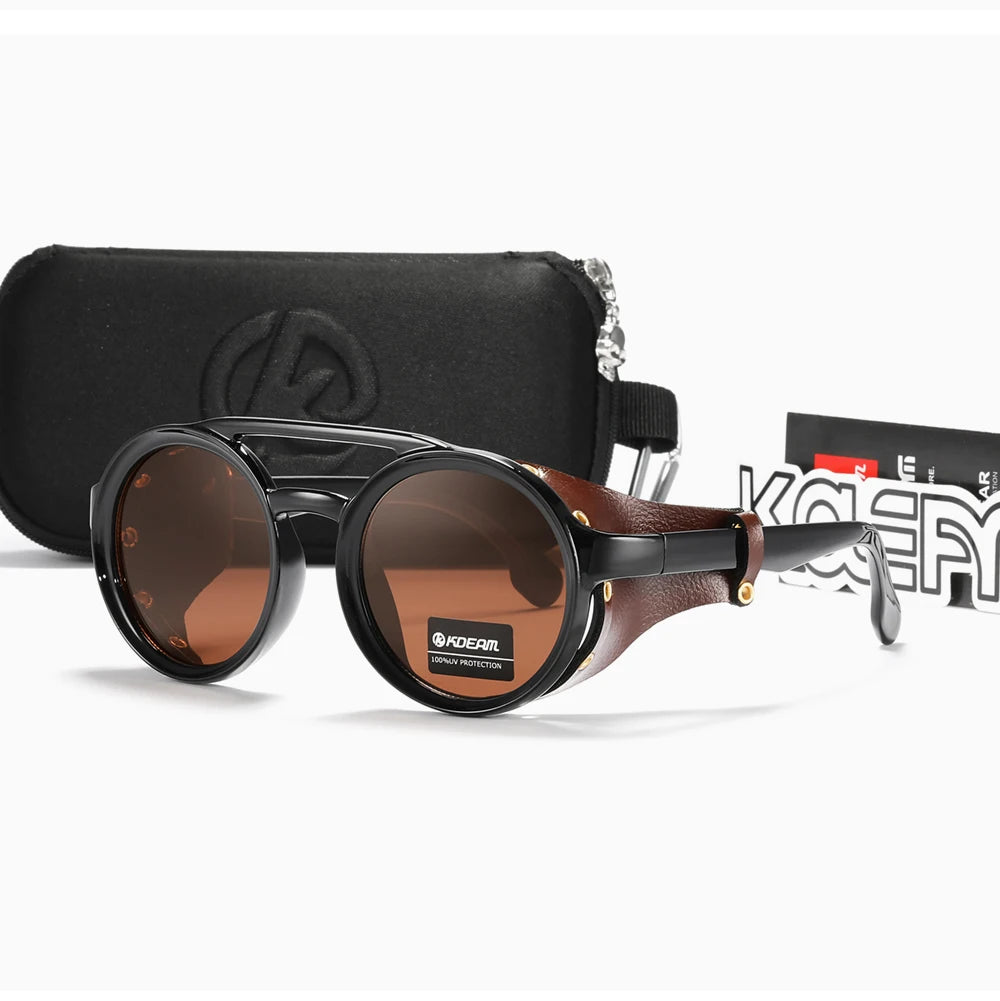 KDEAM Óculos de sol redondos vintage masculino feminino escudo de couro óculos de sol ponte dupla projetado sombra KD179