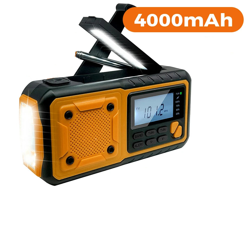 4000mah portátil de emergência rádio energia solar manivela carregamento am/fm rádio meteorológico led leitura lanterna banco carregador telefone
