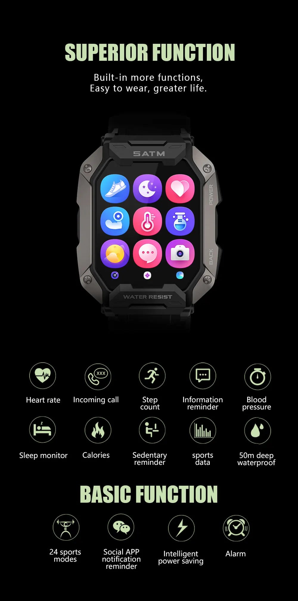 Smartwatch esportivo de natação para homens, IP68 impermeável, fitness, bluetooth, android, ios, profundidade de 50m, novo, 2023