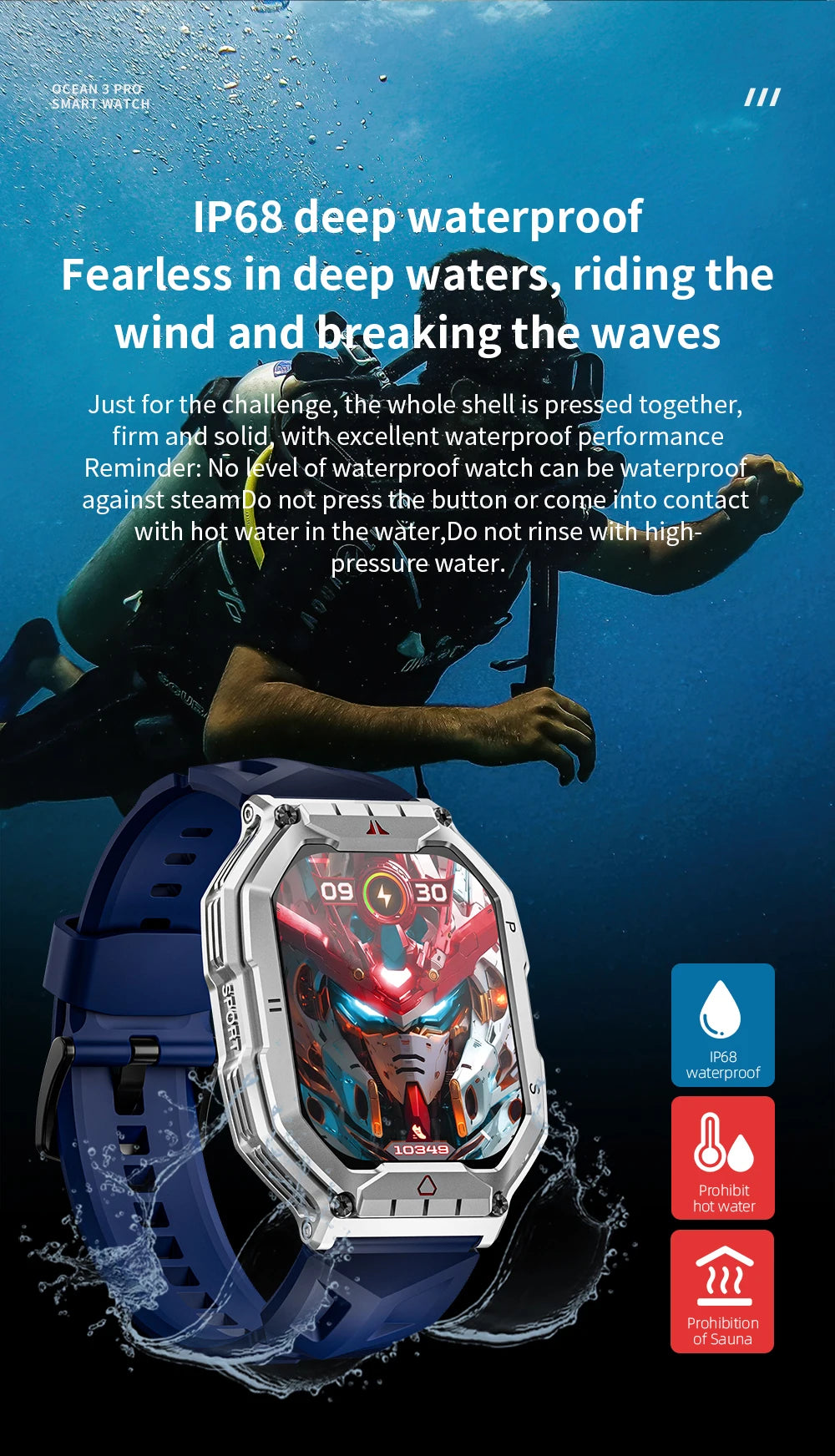Lokmat oceano 3 pro esporte relógio inteligente robusto fitness à prova dwaterproof água smartwatches monitor de freqüência cardíaca relógio tela toque completo