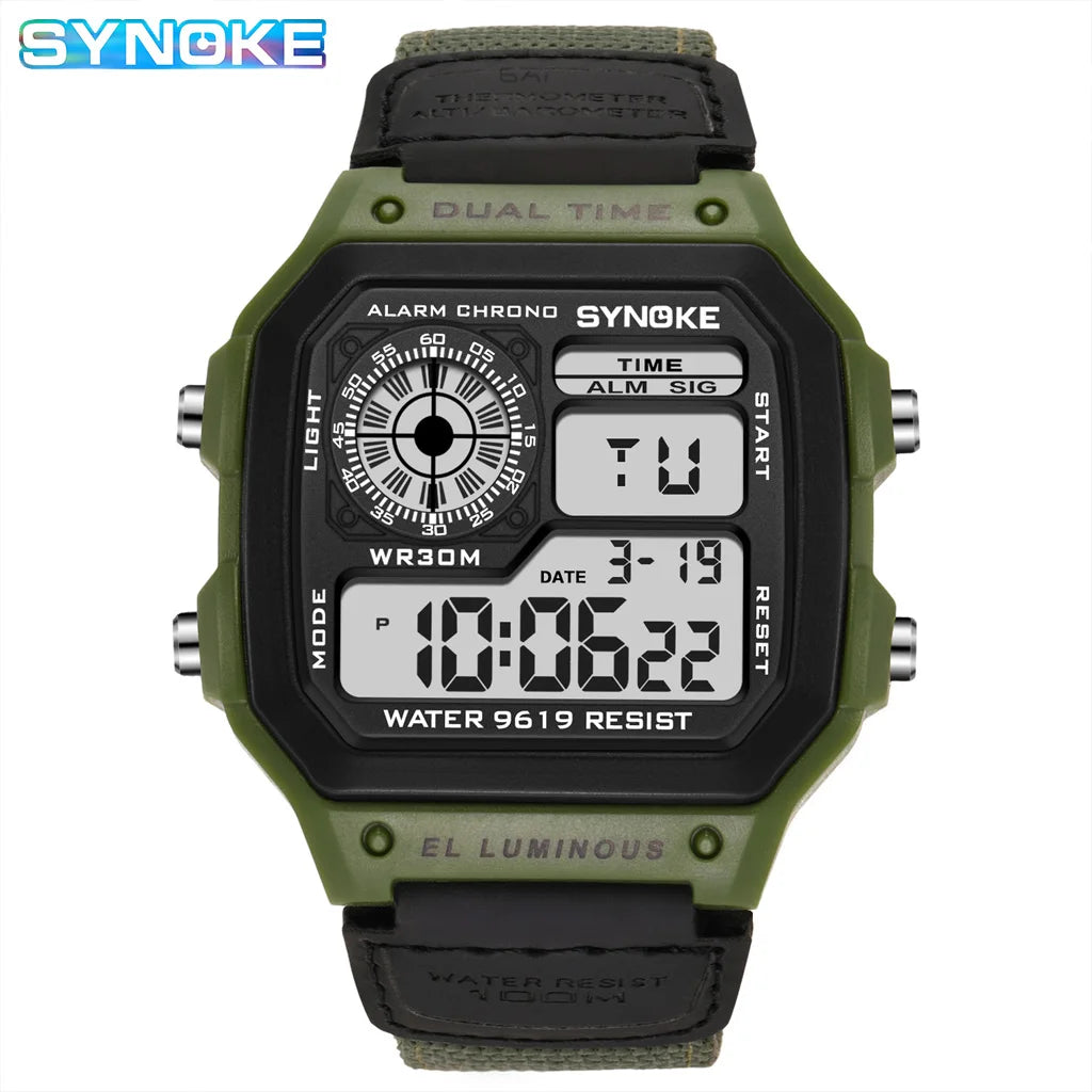Synoke relógio digital militar ao ar livre para homens moda retro pulseira de lona de náilon esportes relógio à prova dwaterproof água multifuncional luminoso