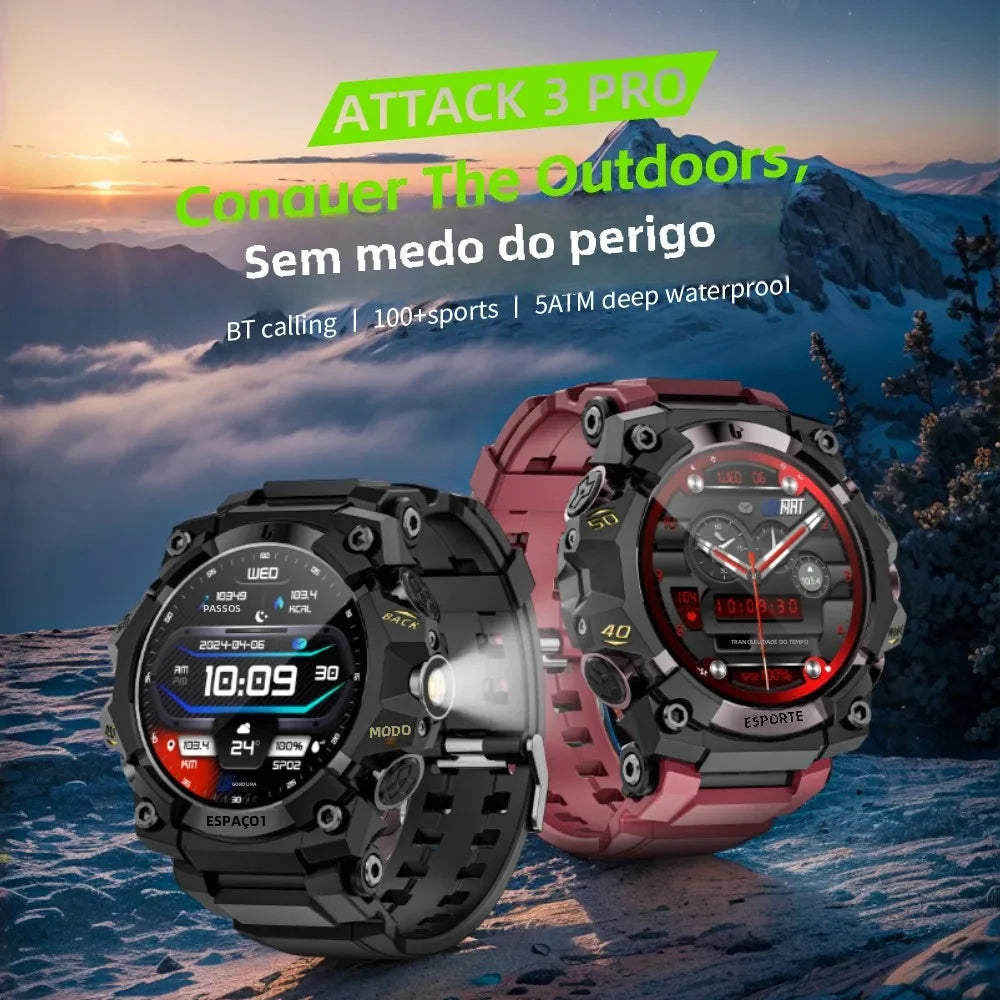 Lokmat novo ataque 3 pro robusto relógio inteligente bluetooth chamadas rastreador de fitness lanterna mensagem push monitor freqüência cardíaca para o telefone
