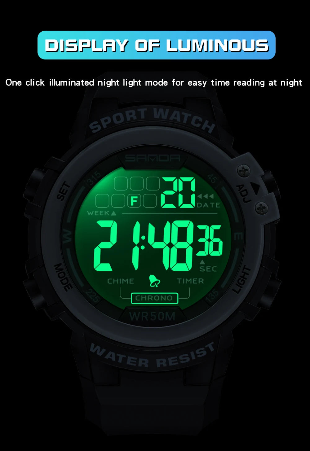 Sanda relógio masculino estilo militar g, despertador digital led, moda esportiva, display duplo, 50m, à prova d'água