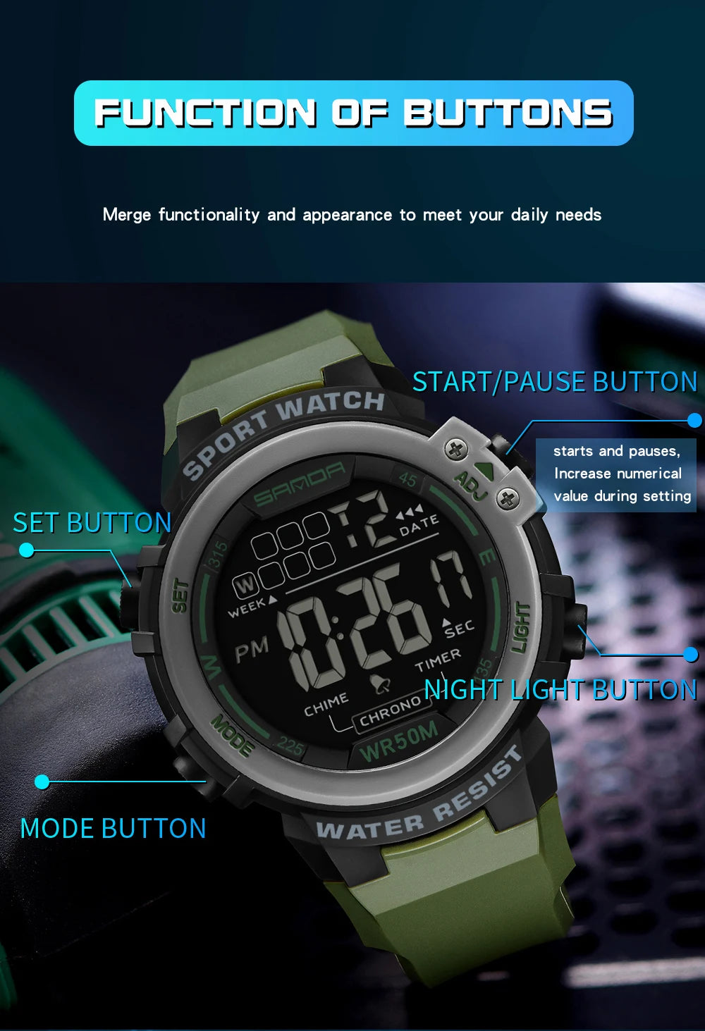 Sanda relógio masculino estilo militar g, despertador digital led, moda esportiva, display duplo, 50m, à prova d'água