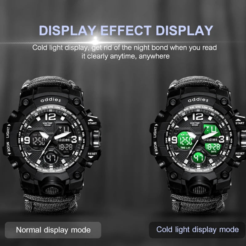 Addies novo esportes ao ar livre led digital relógio masculino bússola assobios à prova dwaterproof água multifuncional relógio de quartzo do exército relogio masculino