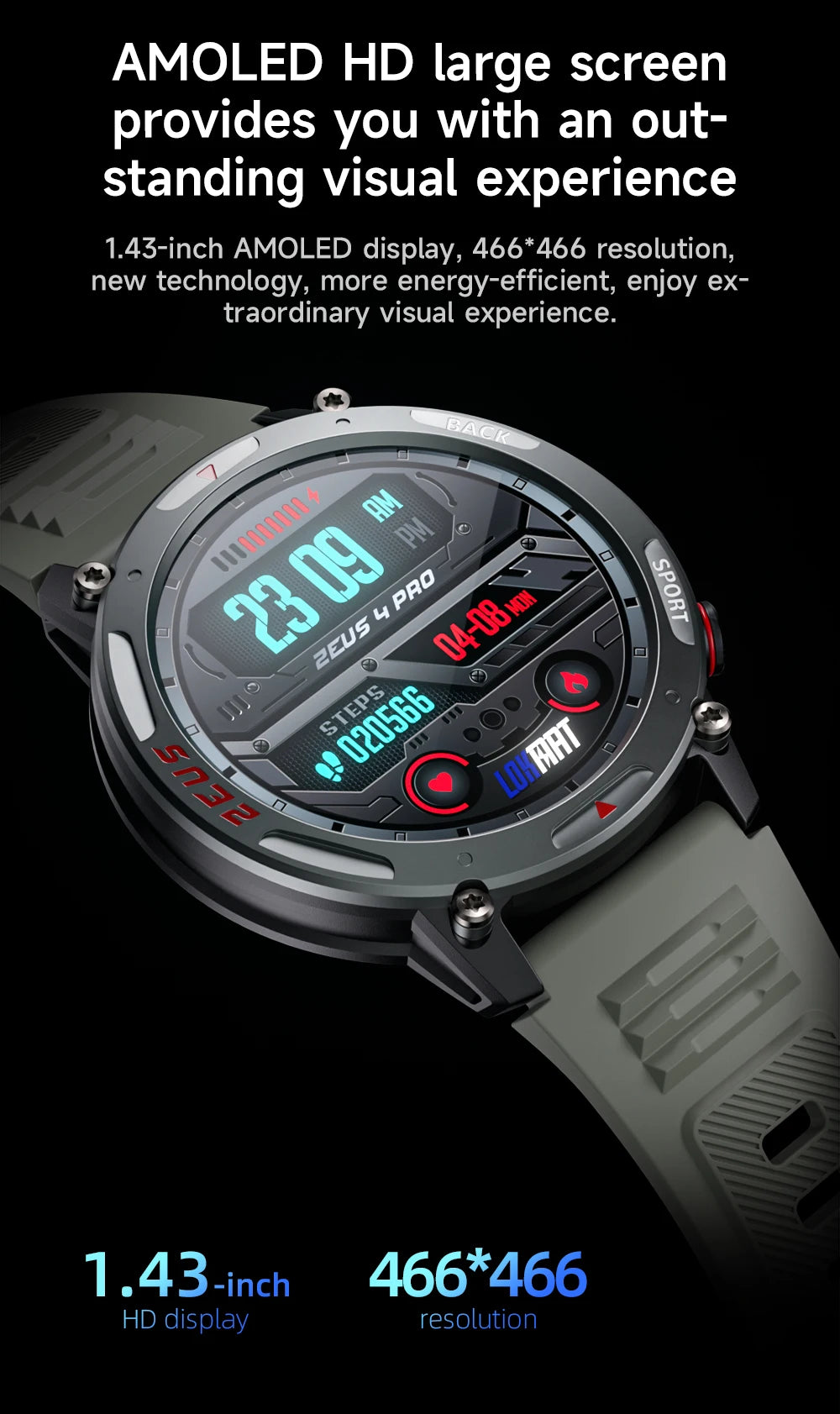 LOKMAT-Zeus 4 Pro Amoled relógio inteligente, tela redonda, BT Calls, Fitness Tracker, Monitor de freqüência cardíaca para telefone inteligente, 1,43