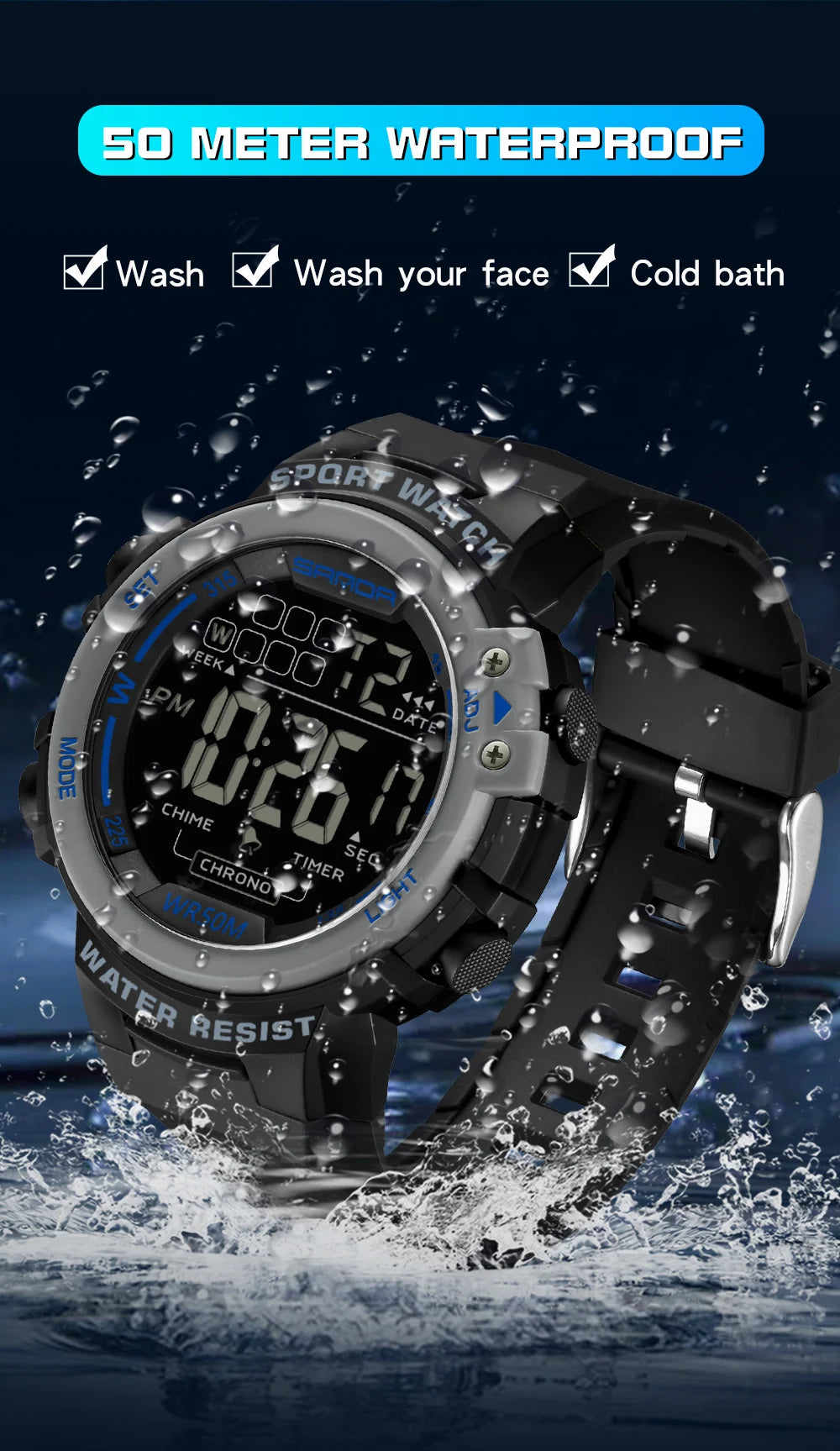 Sanda relógio masculino estilo militar g, despertador digital led, moda esportiva, display duplo, 50m, à prova d'água