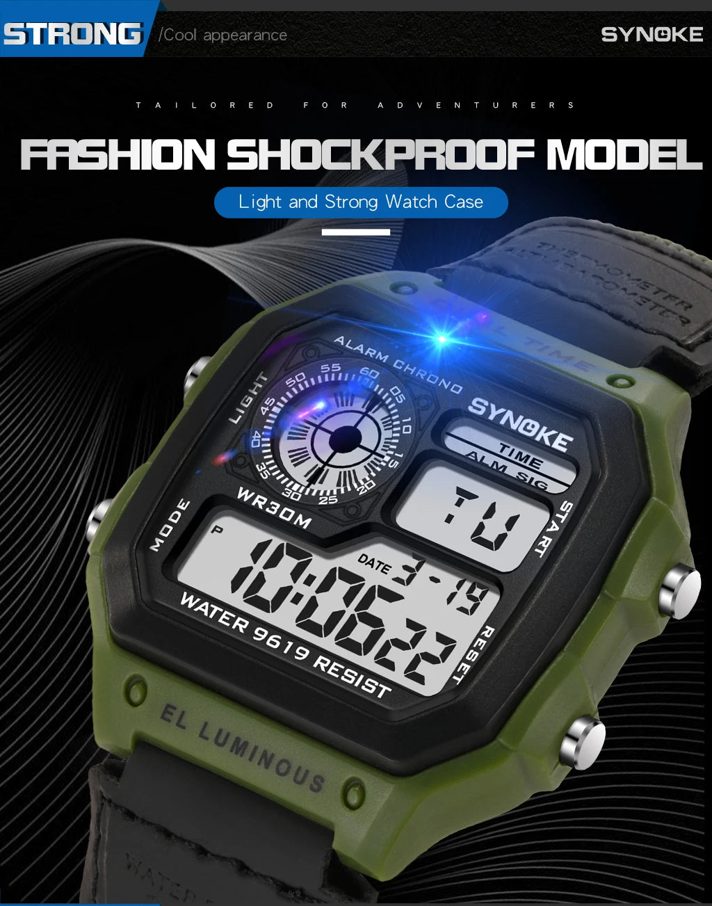 Synoke relógio digital militar ao ar livre para homens moda retro pulseira de lona de náilon esportes relógio à prova dwaterproof água multifuncional luminoso