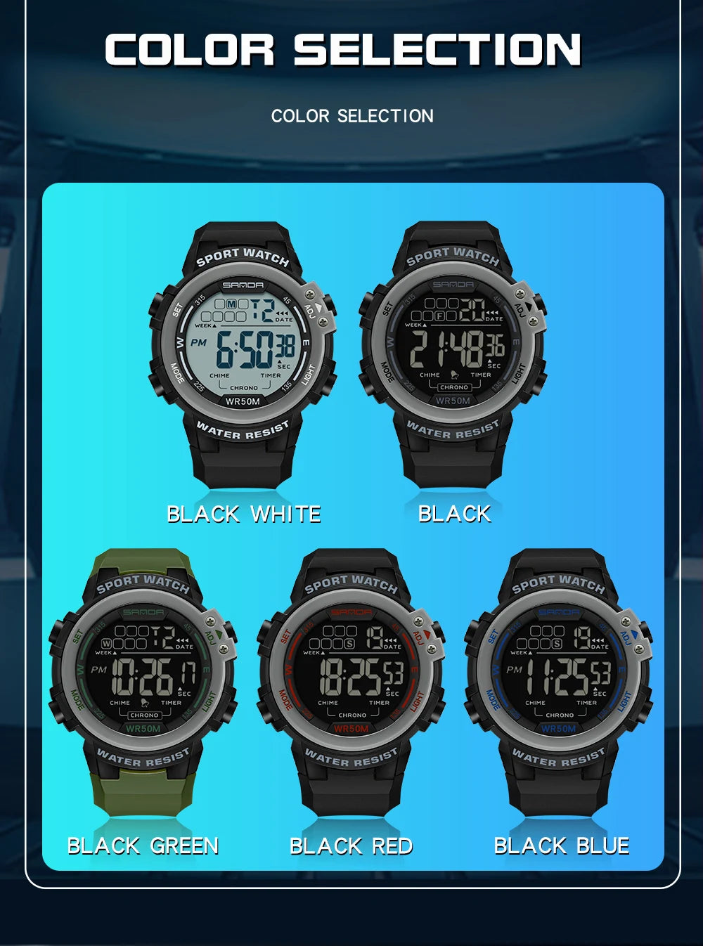 Sanda relógio masculino estilo militar g, despertador digital led, moda esportiva, display duplo, 50m, à prova d'água