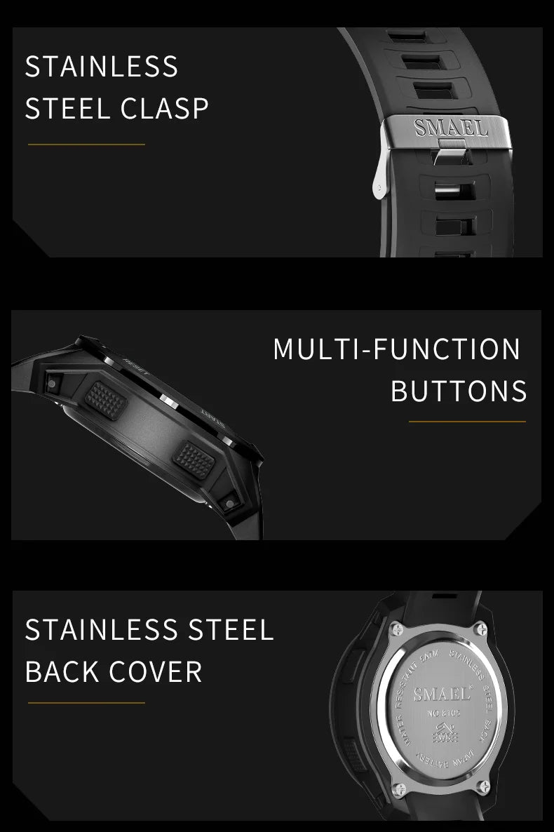 SMAEL-8105 Relógios digitais para homens, esportes LED relógios de pulso, relógio impermeável, cronômetro luz digital, 50m