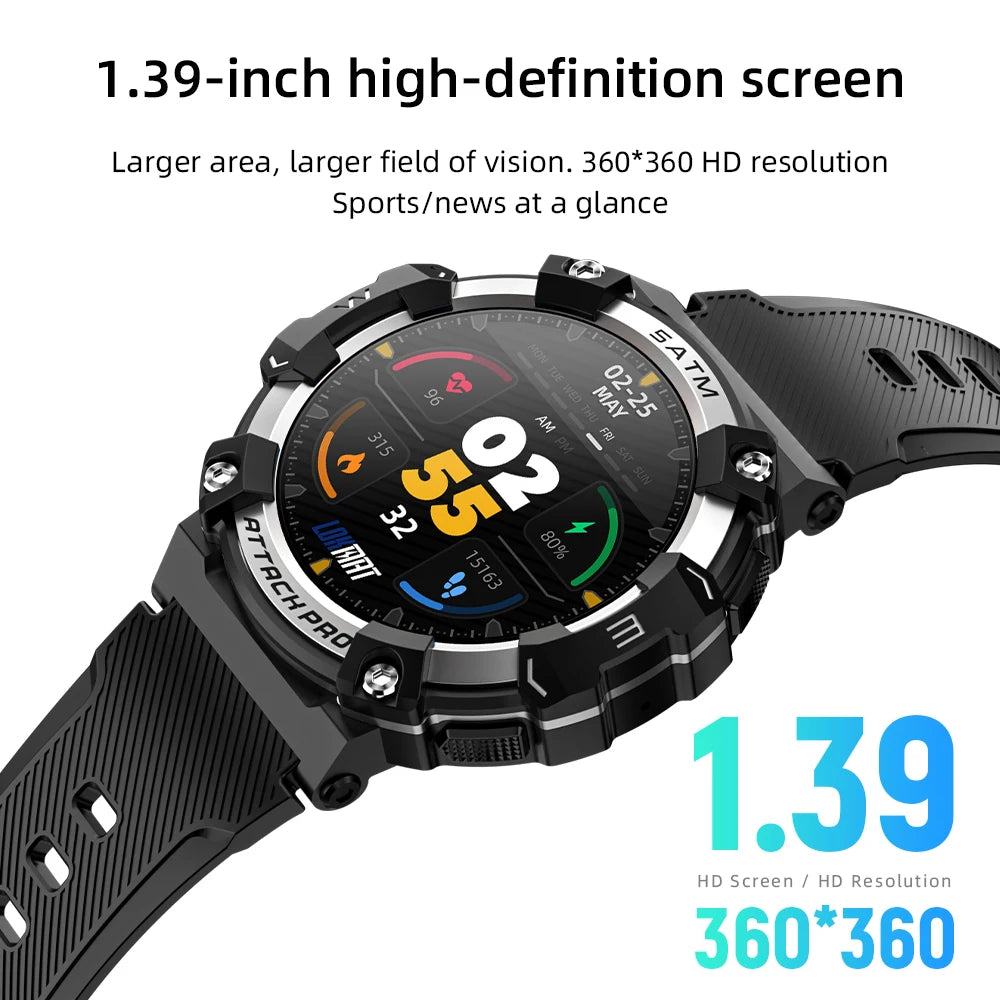 LOKMAT-ATTACK 2 PRO Sport Smart Watch, tela de toque redonda completa, chamadas Bluetooth, rastreador de fitness, smartwatches, monitor de freqüência cardíaca