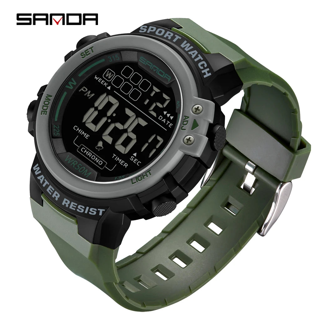 Sanda relógio masculino estilo militar g, despertador digital led, moda esportiva, display duplo, 50m, à prova d'água