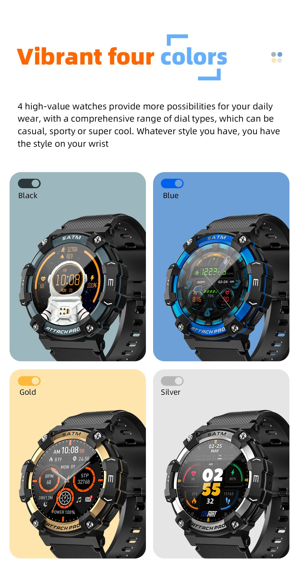 LOKMAT-ATTACK 2 PRO Sport Smart Watch, tela de toque redonda completa, chamadas Bluetooth, rastreador de fitness, smartwatches, monitor de freqüência cardíaca