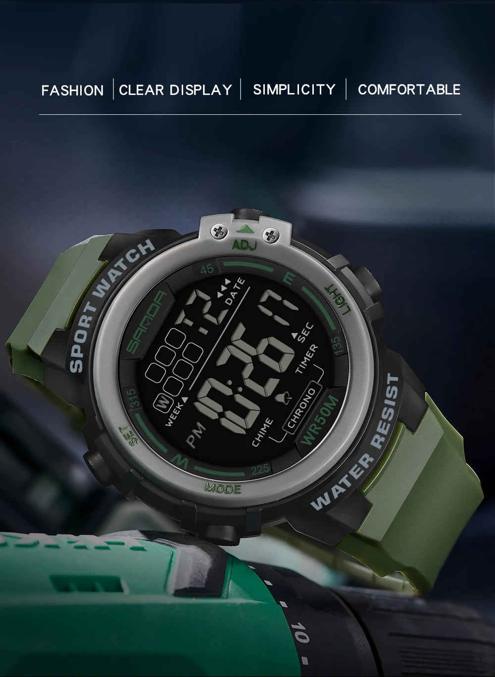 Sanda relógio masculino estilo militar g, despertador digital led, moda esportiva, display duplo, 50m, à prova d'água