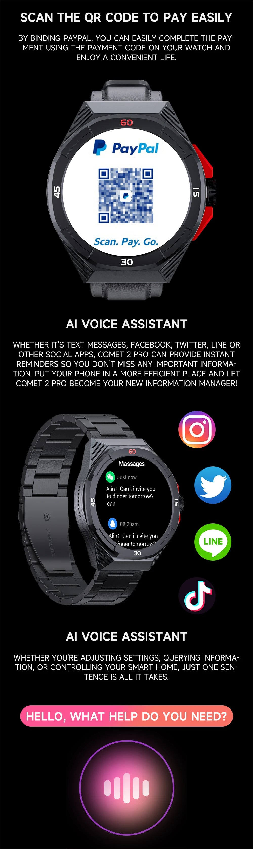 Lokmat-cometa 2 pro relógio inteligente, à prova d'água, com bluetooth, rastreador de fitness, freqüência cardíaca, mensagem, por telefone