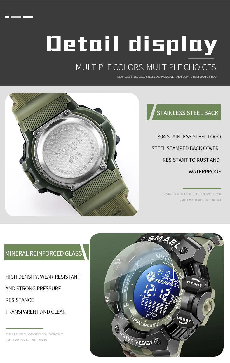Smael relógio digital militar led esportes relógios de pulso 50m à prova dwaterproof água led cronômetro 8050 relógios do exército digital grande dail relógio alarme