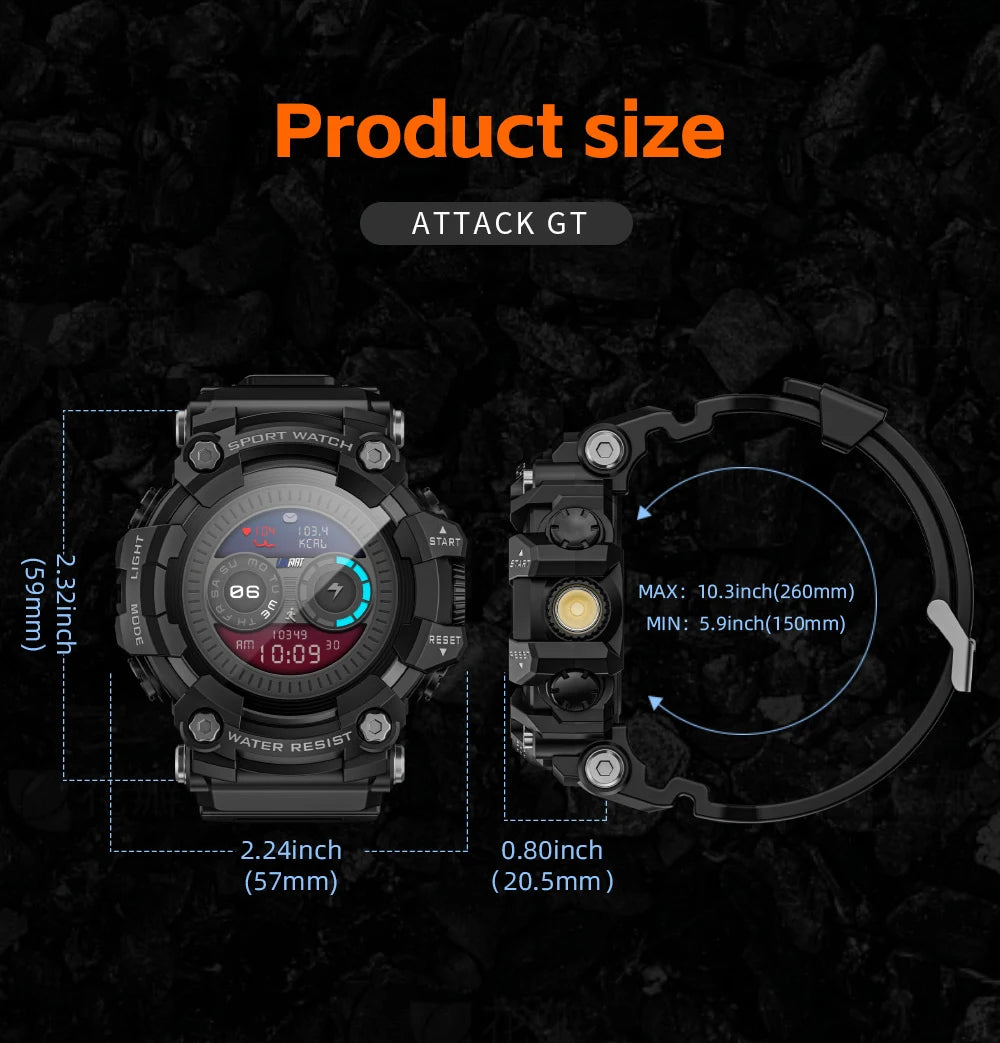 Lokmat ATTACK-GT atualização esporte relógio inteligente à prova dwaterproof água bluetooth chamadas robustos smartwatches lanterna rastreador de fitness para o telefone