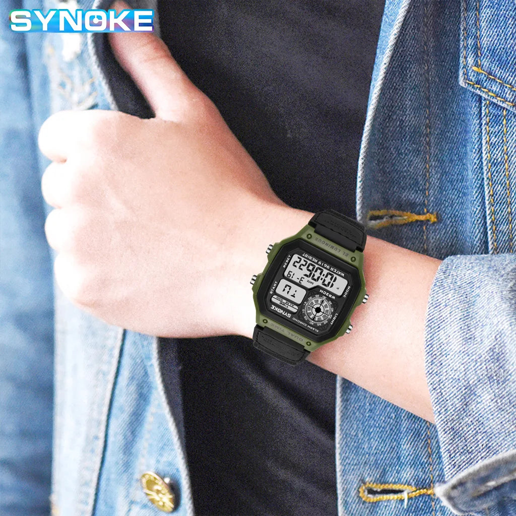 Synoke relógio digital militar ao ar livre para homens moda retro pulseira de lona de náilon esportes relógio à prova dwaterproof água multifuncional luminoso