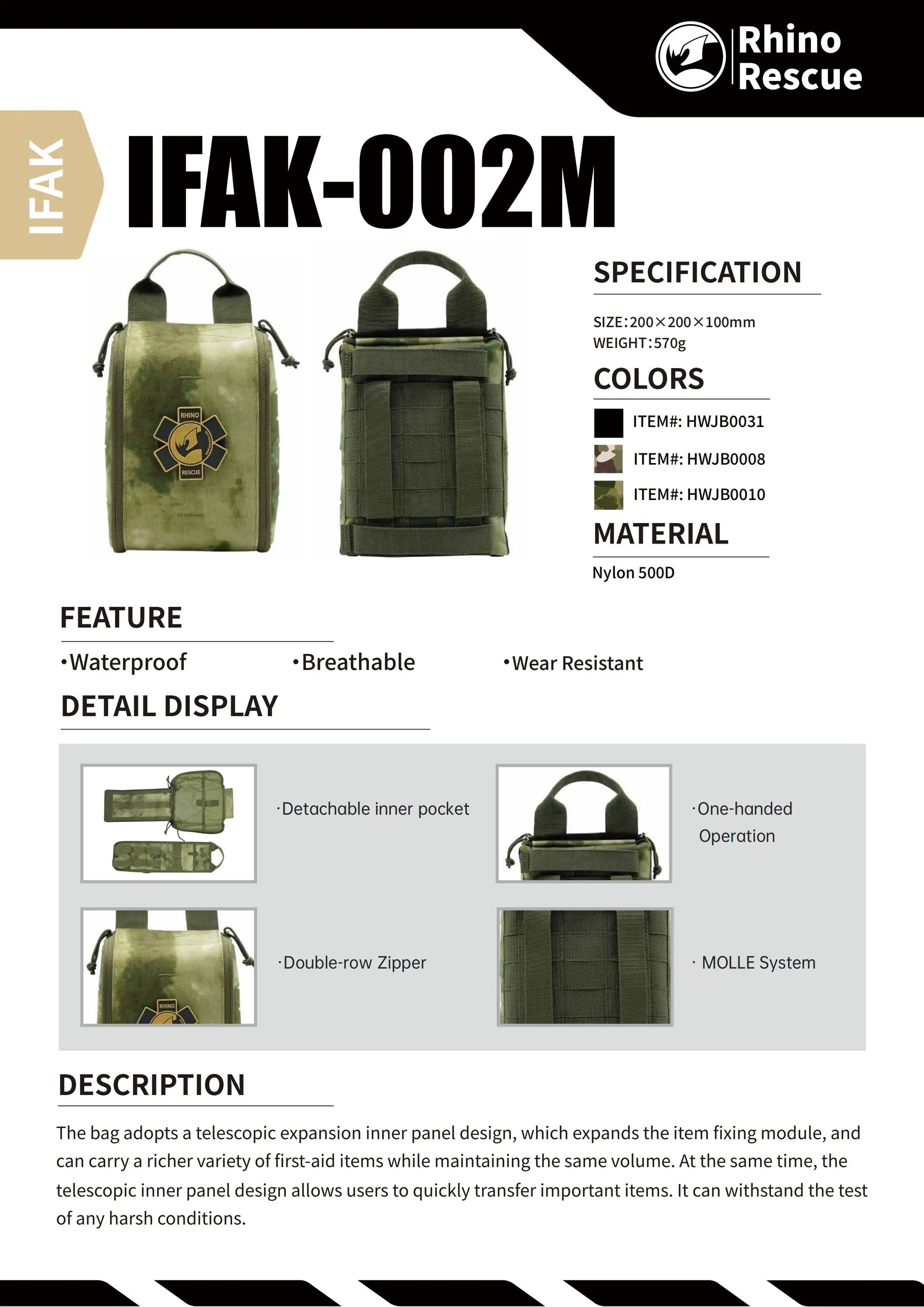 Rhino rescue 002m kit de primeiros socorros acampamento ifak bolsa com molle, bolsa sobrevivência para acampamento caminhadas e pesca kit caminhadas ao ar livre