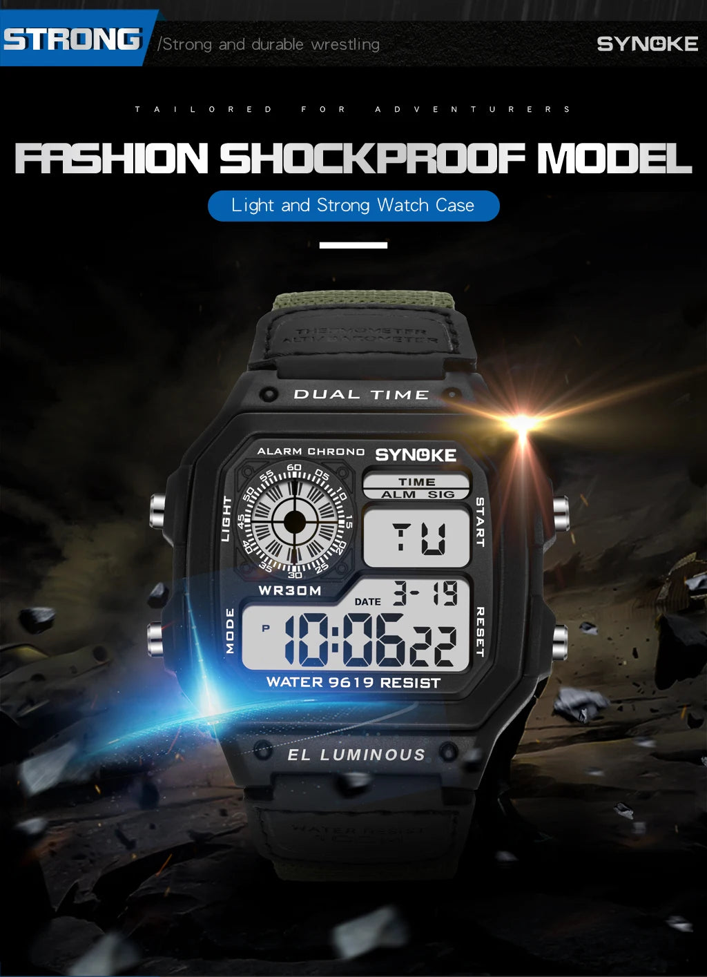 Synoke relógio digital militar ao ar livre para homens moda retro pulseira de lona de náilon esportes relógio à prova dwaterproof água multifuncional luminoso