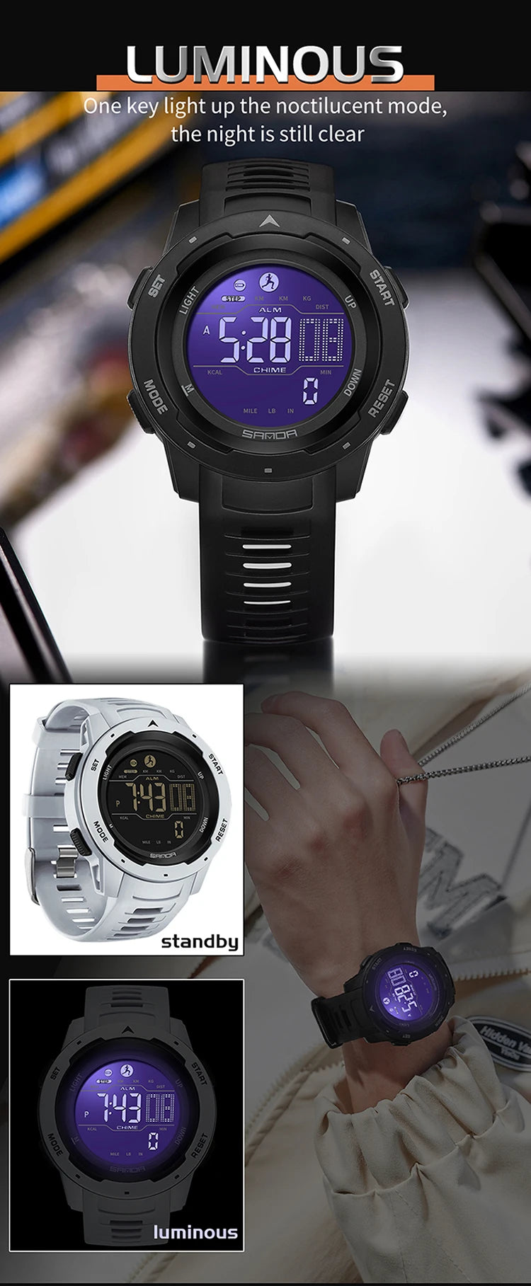 Sanda marca relógios masculinos esportes pedômetro calorias 50m à prova dwaterproof água led relógio digital militar relógio de pulso relogio masculino 2145