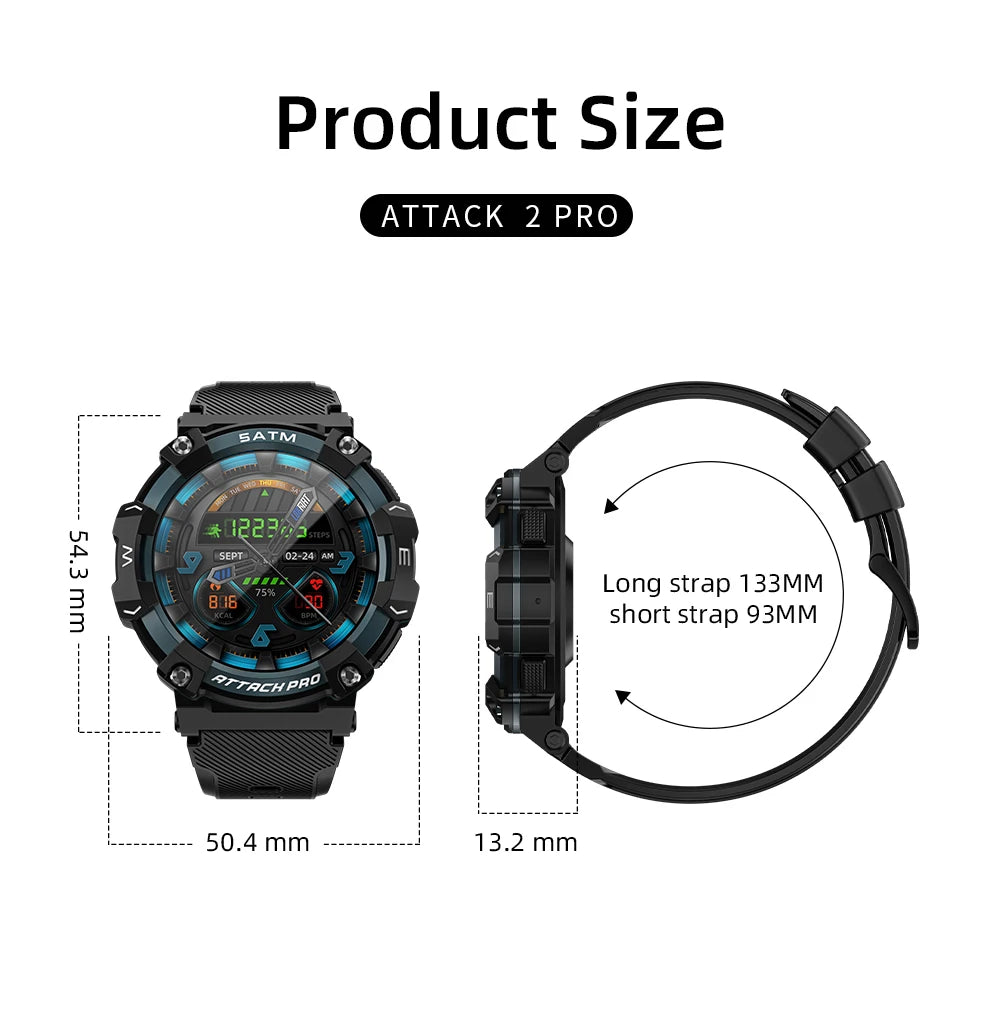 LOKMAT-ATTACK 2 PRO Sport Smart Watch, tela de toque redonda completa, chamadas Bluetooth, rastreador de fitness, smartwatches, monitor de freqüência cardíaca