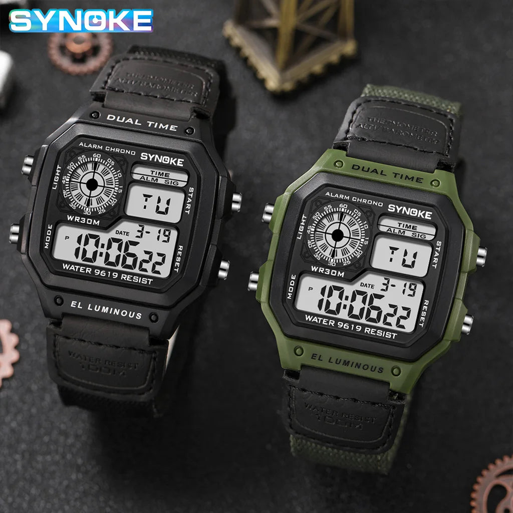 Synoke relógio digital militar ao ar livre para homens moda retro pulseira de lona de náilon esportes relógio à prova dwaterproof água multifuncional luminoso