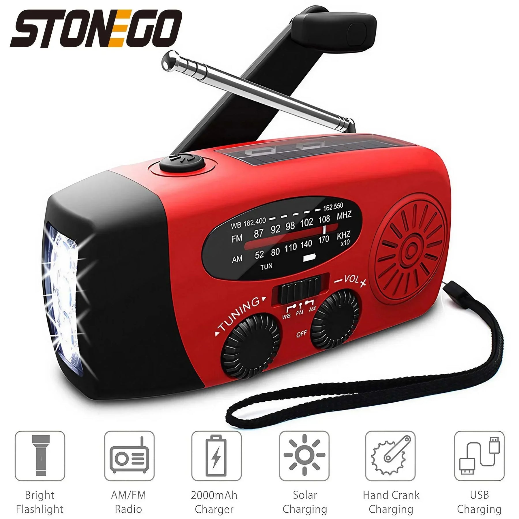 STONEGO-Rádio FM multifuncional, Emergência ao ar livre, Gerador de manivela, Carregamento Solar do telefone móvel, Iluminação Table Lamp