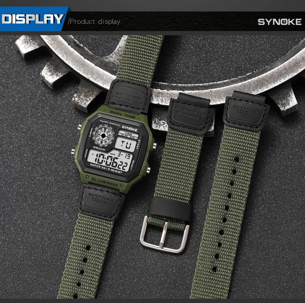 Synoke relógio digital militar ao ar livre para homens moda retro pulseira de lona de náilon esportes relógio à prova dwaterproof água multifuncional luminoso