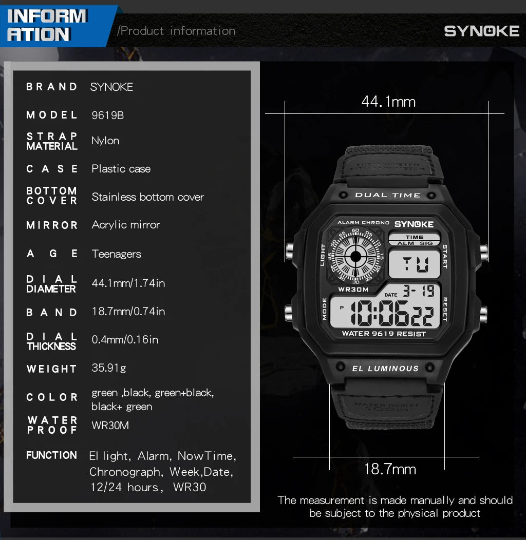 Synoke relógio digital militar ao ar livre para homens moda retro pulseira de lona de náilon esportes relógio à prova dwaterproof água multifuncional luminoso