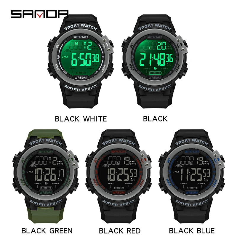 Sanda relógio masculino estilo militar g, despertador digital led, moda esportiva, display duplo, 50m, à prova d'água