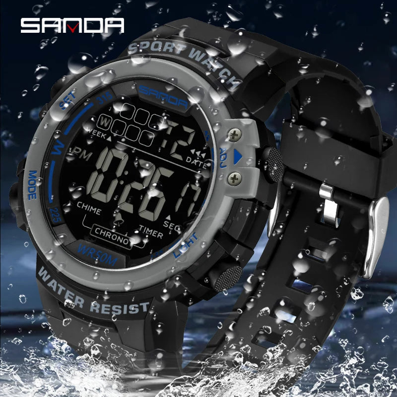 Sanda relógio masculino estilo militar g, despertador digital led, moda esportiva, display duplo, 50m, à prova d'água