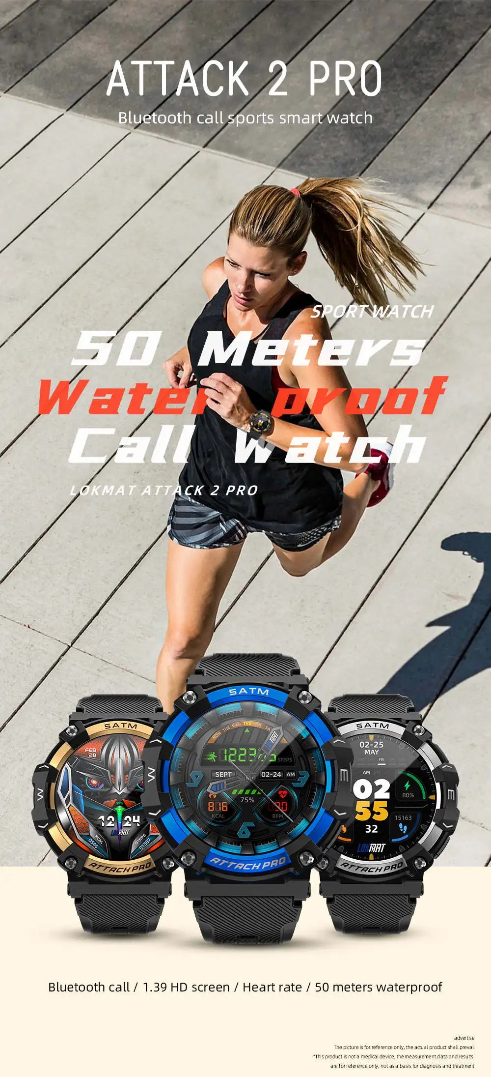 LOKMAT-ATTACK 2 PRO relógios inteligentes para homens e mulheres, fitness, esportes ao ar livre, monitoramento de saúde, compatível com android, ios