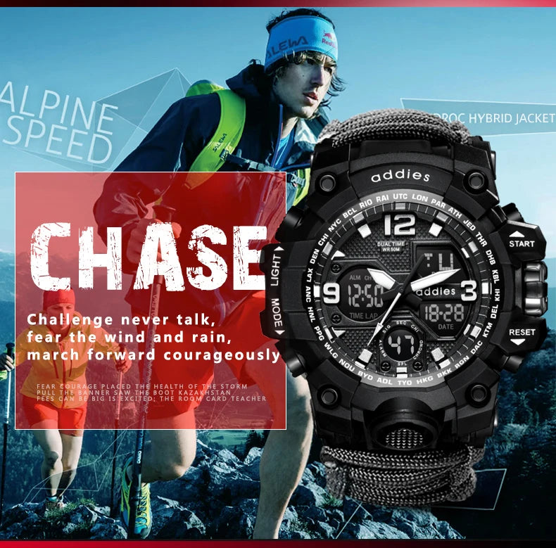 Addies novo esportes ao ar livre led digital relógio masculino bússola assobios à prova dwaterproof água multifuncional relógio de quartzo do exército relogio masculino