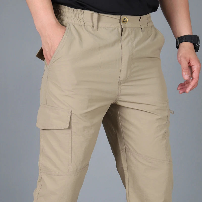 Calça cargo tática masculina de verão, leve, casual, à prova d'água, resistente ao desgaste, multibolsos, caminhadas ao ar livre