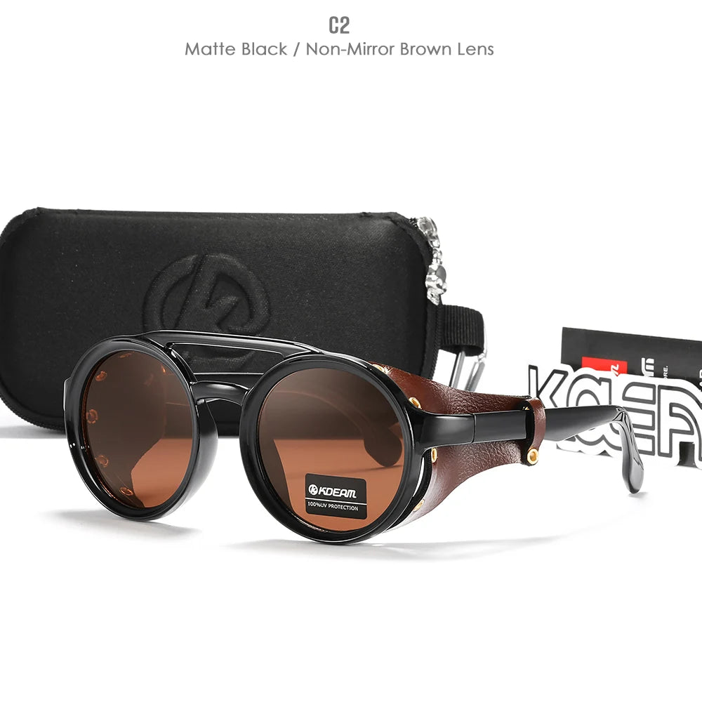 KDEAM Óculos de sol redondos vintage masculino feminino escudo de couro óculos de sol ponte dupla projetado sombra KD179