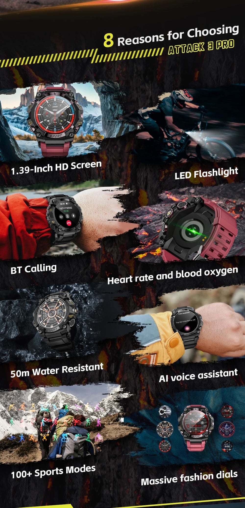 Lokmat novo ataque 3 pro robusto relógio inteligente bluetooth chamadas rastreador de fitness lanterna mensagem push monitor freqüência cardíaca para o telefone