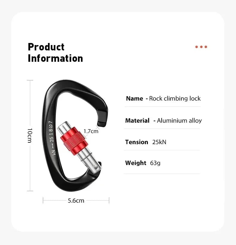 Mosquetão de escalada 25kN, fivela em forma de D, trava de parafuso de segurança, portão com mola, alumínio, kits de montanhismo ao ar livre