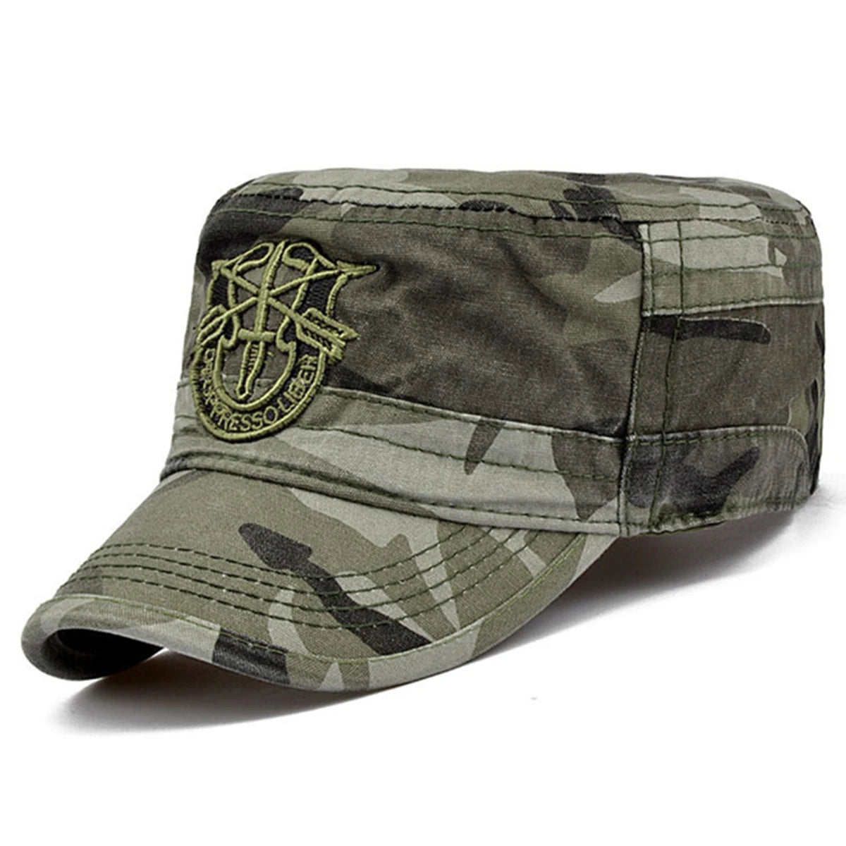Boné militar de camuflagem unisex com escudo bordado, chapéus casuais ajustáveis, parte superior plana, capitão, ao ar livre, primavera, outono