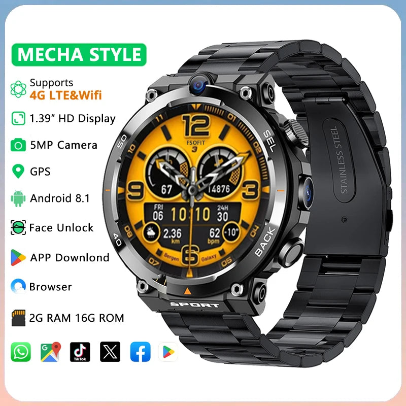 4g rede android relógio inteligente 5mp câmera dupla gps wifi nfc google play app download gratuito rosto desbloquear masculino feminino smartwatch