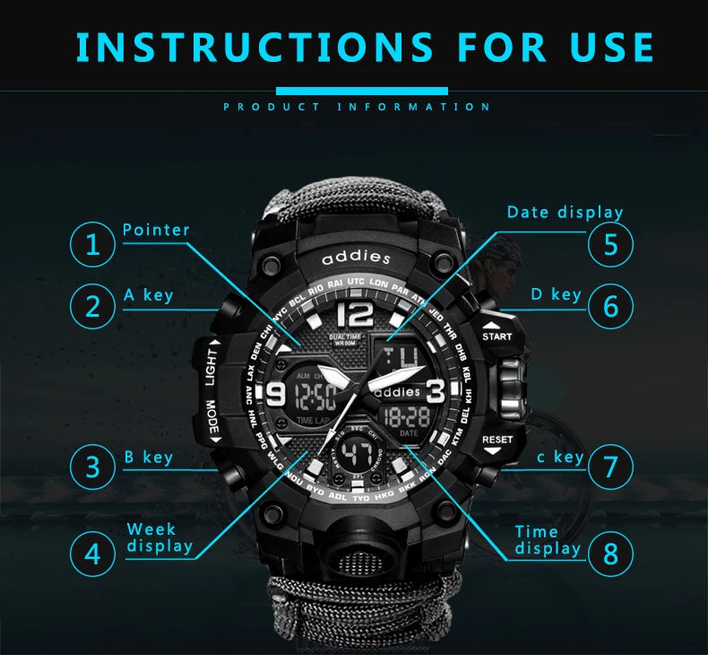 Addies novo esportes ao ar livre led digital relógio masculino bússola assobios à prova dwaterproof água multifuncional relógio de quartzo do exército relogio masculino