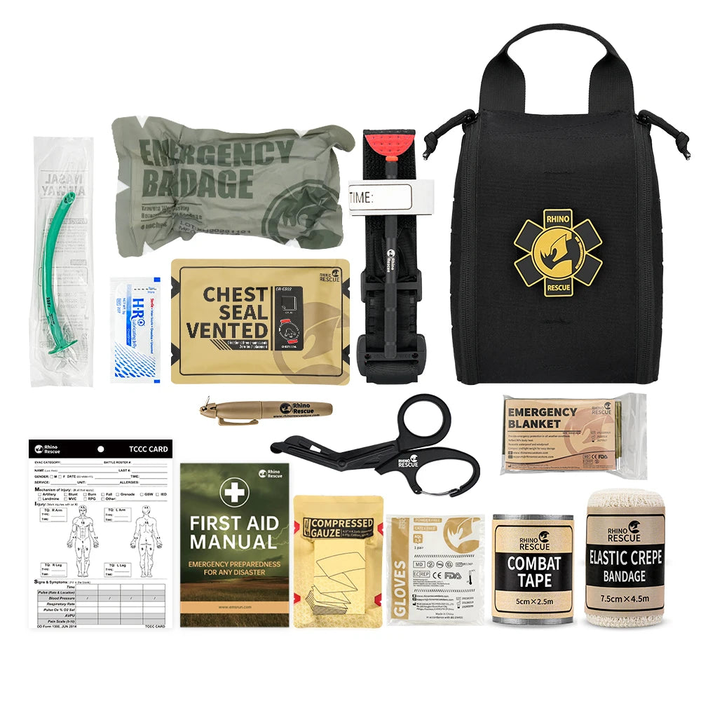 Kit de trauma de sobrevivência rinoceronte edc ifak, bolsa tática molle com torniquetes de metal, bandagem, vedação de peito para acampamento, caminhadas